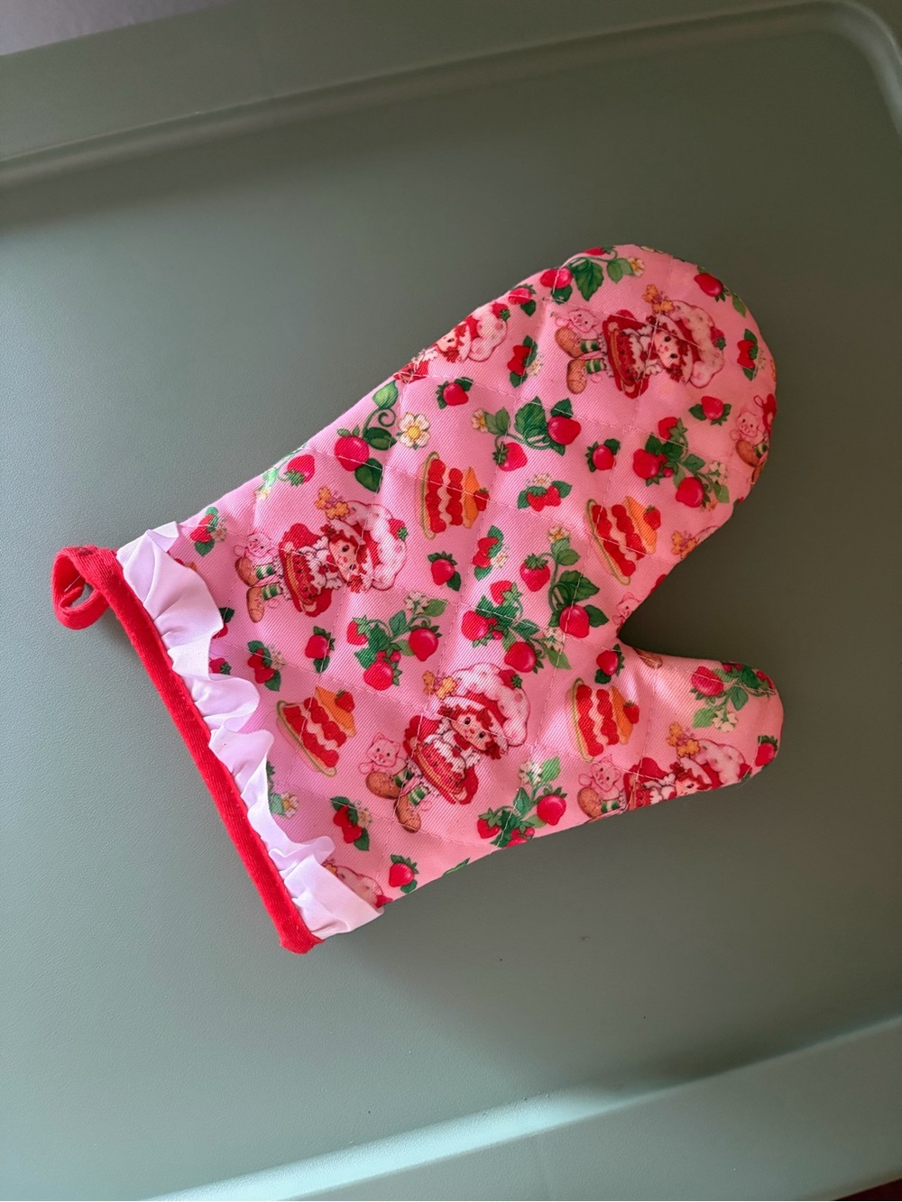 Pink Strawberry Print Oven Mitt with Ruffle Trim - Cute Kitchen Accessory